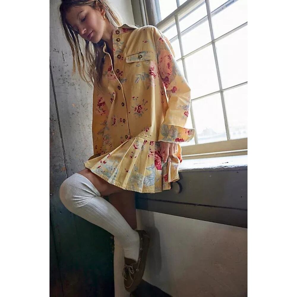 New Free People Connor Floral Printed Mini Dress $168 X-SMALL Yellow Boho Button - Picture 2 of 8